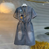 Denim Dress 100% Denim Cotton Dress Ladies Korean Women's Stand-Up Collar Flower Denim Dress