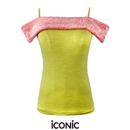 iCONiC GREEN FURBY TOP #6709 เสื้อสายเดี่ยว ผ้ายืด ใส่ยางหลัง สีเขียวเหลือง แต่งผ้าขนสัตว์ ผ้าเรย่อน