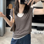 YOHO Fake Two-Piece T-Shirt Summer Thin Style Breathable Big U-Neck Tencel Top (NN089) T Shirt Woman