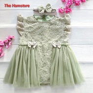 1 Year Old Baby Birthday Party Dress Sage Green Tile Brocade Dress Free Ribbon Headband Dress Baby G