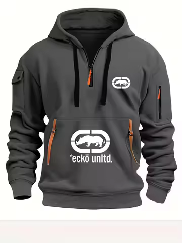 Men Ecko Unltd Rhino Logo Half‑Zip Hoodie Multi‑Zipper Pocket Sweatshirt Hip‑Hop Streetwear Casual P