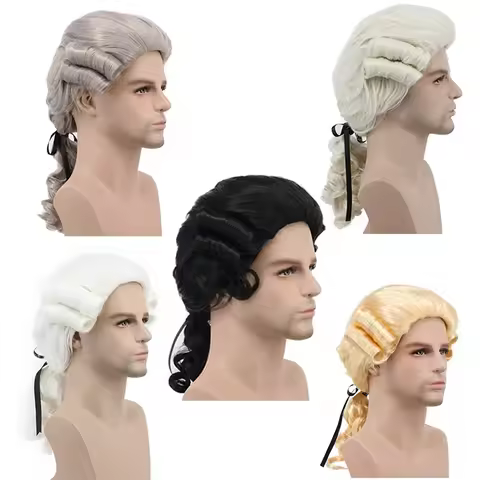 Grey White Black Lawyer Judge Baroque Curly Male Costume Wigs Deluxe Historical Halloween Long Synth