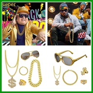 super 80 90s Hip Hop Costume Outfit Kit Necklace Rings Sunglasses Hat Rapper Accessory