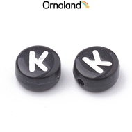 200pcs Opaque Acrylic Beads Letter style Horizontal Hole Flat Round Letter.K 7x4mm Hole: 1.5mm