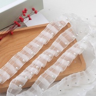 1m Chiffon Gathered Pleated Ruffle Mesh Lace Trim Pearls Beadings Ribbon Fluffy Dress Hemline Shoe S