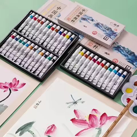 Chinese painting pigment, 7/12 colors, 6ml/0.2oz, with 1 brush and 1 palette, suitable for students 
