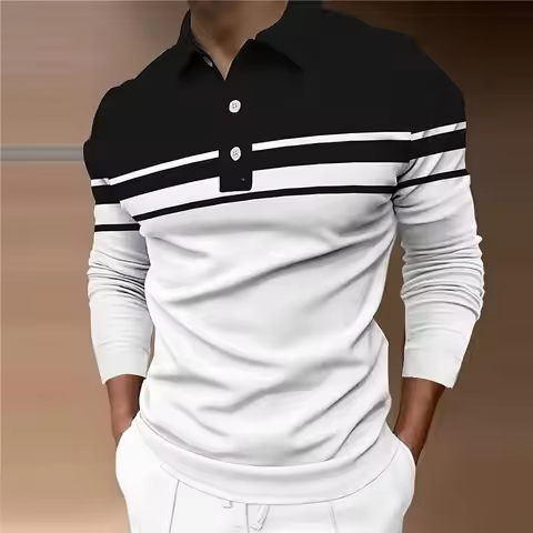 Men's Striped Rugby Long Sleeve Polo Shirt Lapel Shirt Sports Casual Outdoor Office Daily Wear Butto