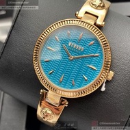 VERSUS VERSACE凡賽斯女錶,編號VV00303,34mm玫瑰金圓形精鋼錶殼,水藍色簡約錶面,玫瑰金色精鋼錶帶款,良工巧匠之作!