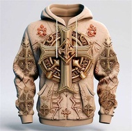 Cross Pattern Mens Retro Hoodies Autumn Winter Long Sleeve 3D Print Street Man Hooded Sweatshirts 6X
