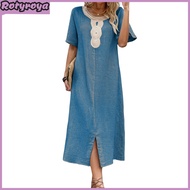Summer Women Dress Short Sleeves Split Hem O Neck Loose Retro Bohemian Straight Casual Breathable Ca