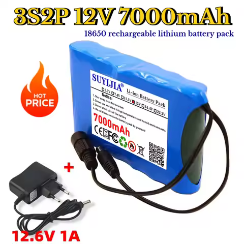Super Capacity 12V 7000mAh 3s2p Li-ion Battery Pack with Charger, Rechargeable 12.6V DC for CCTV Cam