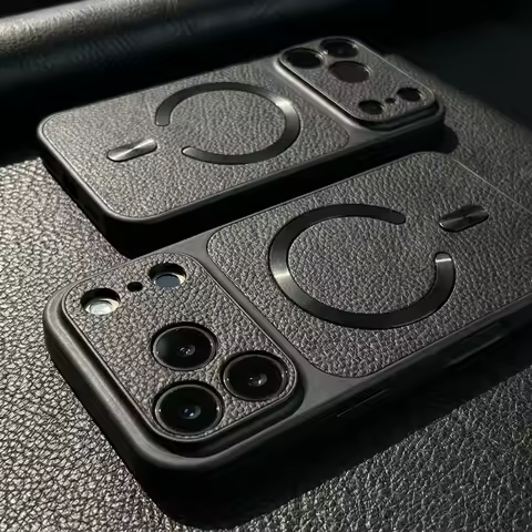 Luxury Magnetic Faux Leather Wireless Charging Phone Case For iPhone 13 14 15 16 17 Pro Max Plus Air