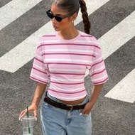 เสื้อยืดลายทางไม่สม่ำเสมอสำหรับผู้หญิง, เหมาะสำหรับฤดูใบไม้ผลิ/ฤดูร้อน, ลายทางแบบวิทยาลัย, เหมาะสำหร
