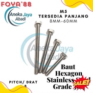 Hexagon Bolt M5 Stainless Steel 304 - Bolt Ss304 - Bolt Ss M5 Length 8Mm - 60Mm P0.8