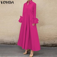 VONDA ชุดเดรสแขนยาวคอปกแฟชั่นของผู้หญิงสีทึบชุดยาวจีบมีขอบแต่งระบาย (แฟชั่นตะวันตก)