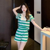 Tracksuit Stripes T Shirt Green Short Sets for Women 2 Pieces Casual New Coordinated Top and Bottom 