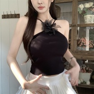 Women's Croptop Knitted Halter Neck Double line Solid Color Fashion Embrace Top