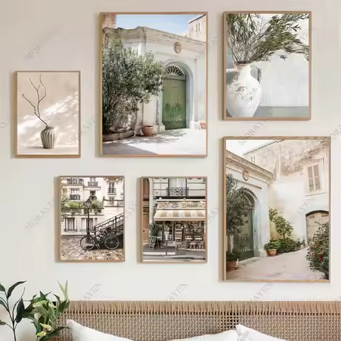 Scandinavian Bohemian Wall Art Spanish Italy Puglia Architecture Green Leaves Tram Poster Print Canv