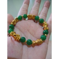 HIJAU PIXIU GREEN WHITE JADE BRACELET 5 DRAGONS.