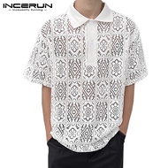 Incerun เสื้อโปโล แขนสั้น แบบโปร่งใส ฉลุลาย แฟชั่นฤดูร้อน สําหรับผู้ชาย