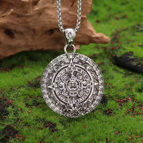 Retro Punk Aztec Mayan Solar Calendar Pendant Necklace for Men and Women Fashion Trend Sun God Lucky