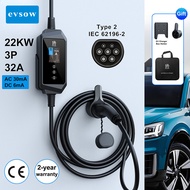 evsow Type2 Portable EV Charger 22KW 32A Electric Car Charger 3Phase EV Charging Cable 5M Type2 EV C