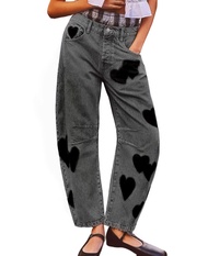 LifeShe Women's Wide Leg Baggy Jeans Low Waist Heart Barrel Jean Loose Boyfriend Denim Pants