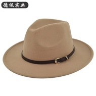 ใหม่ย้อนยุค Fedora หมวกเข็มขัดหนังสีดำหมวกทำด้วยผ้าขนสัตว์หมวกคาวบอยย้อนยุคหมวกขนสัตว์สีดำแบนชายคาหมวก,Kk-001