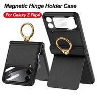 LUKEN  for Galaxy Z Flip 6 Plain Leather Flip Holder Case For Samsung Galaxy Z Flip 4 Magnetic Hinge