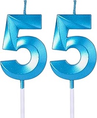 Blue 55th Birthday Candles for Cakes, Number 55 Glitter Candle Cake Topper for Party Anniversary Wed