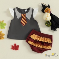 B930G-2Pcs Baby Girl Summer Outfits Fly Sleeve Tie Embroidery Tank Tops + Shorts Set Toddler Clothes