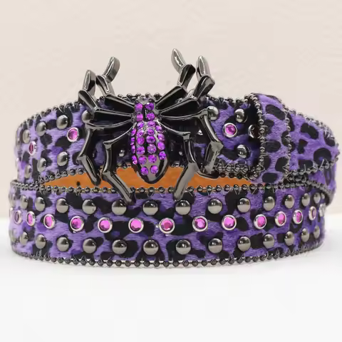 Leopard print rhinestone belt, large spider buckle Gothic belt, suitable for jeans, 3.8cm wide Y2K p