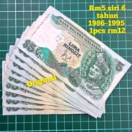 (A363) Rm5 siri 6 duit kertas lama duit syiling lama duit Malaysia lama tabung duit kertas barang la