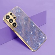 水波紋高級金色電鍍閃粉水波紋適用三星S25手機殼三星GalaxyS24Ultra防摔清新簡約時尚保護套-紫色 三星Galaxy S23