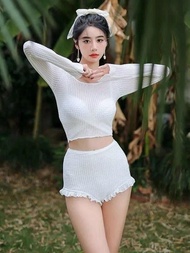 Đồ bộ bơi 3 món đơn giản chất vải ren set bikini mặc đi biển hai màu đen và trắng kèm áo khoác ren