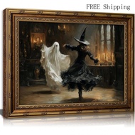 Vintage Gold Framed Gothic Witch and Ghost Wall Art, Funny Dancing Witch Ghost Canvas Print Poster, 