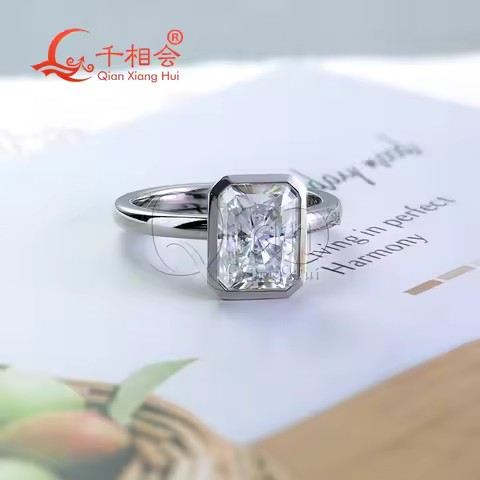 3ct Radiant Bezel Setting Moissanite Diamond Ring 7x9mm 925 Sterling Silver White Color Wedding Enga