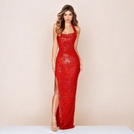 Women's Sleeveless Split Halter Dress Halterneck Halter Sequined Dress Women