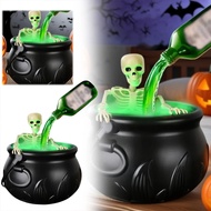 Halloween Witch Cauldron with Skeleton and Spilling Green Potion Tabletop Party Decor Prop