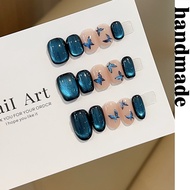 Press on nails handmade [Blue Enchantress] Fake nails Hand-Painted Bows Blue Cat Eyes handmade Wear 