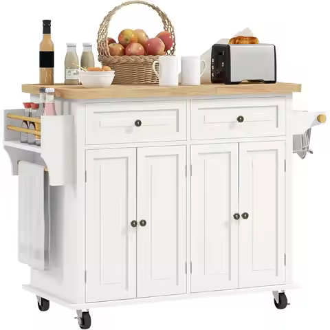 44 Solid Wood Top Mobile Kitchen Island Cart with Storage, 2 Drawers, Adjustable Shelves, Spice Rack