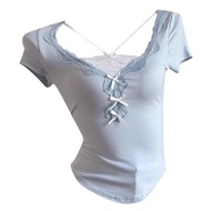 Slim-fit Slimmer Look Modal Fake Two-Piece Lace Short-Sleeved T-Shirt Women's Design Niche Bow Slim-
