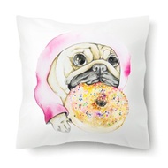 【叼桃紅甜甜圈】經典款巴戈狗狗手繪水彩動物抱枕/枕頭/靠墊