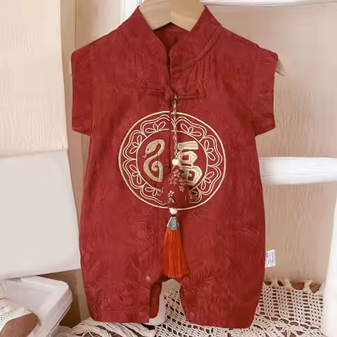 Summer Baby Boy Clothes 3 To 6 Months Chinese Style Embroidery Cute Red Birthday Sleeveless Jumpsuit