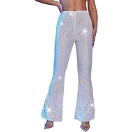 Women High Waist Sparkling Pants Wide Leg Flared Trousers Sequin Bling Party Slacks Glitter Night Ou