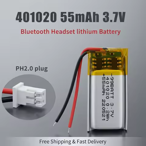 3.7V 55mAh 401020 Rechargeable Li-Polymer Battery for Wireless Bluetooth Headset, Mini Camera, and M