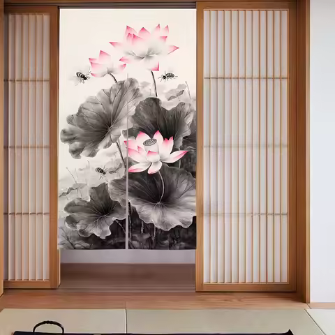 1pc Elegant Japanese Style for Lotus Door Curtain, 31.5 x 59 Inches, Black & White Design with Pink 
