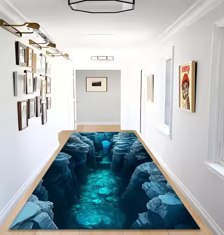 Visual 3D Carpet Blue Water Pit Hole Cliff Living Room Bedroom Full Carpet 3D Visual Illusion Foot M