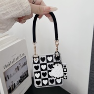 TEMU เคสโทรศัพท์พับได้แบบเต็มปกปิดสองโทนสีดำและขาวลายหัวใจฝ้า พร้อมสายคล้องข้อมือและจี้หัวใจนูน ชุด 