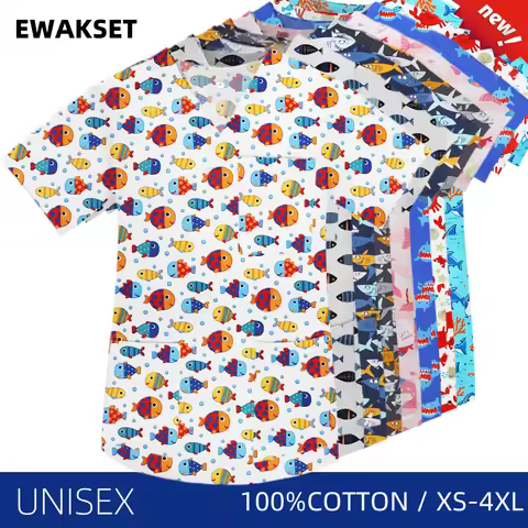 Nurse Uniforms woman Fish Print Hospital Short Sleeve Vneck Nurse Doctor Blouse Nursing Accessories 